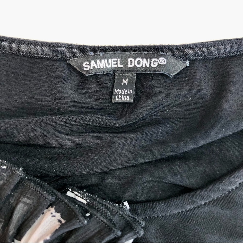 Samuel Dong pleated chiffon front dress stretch jersey cap sleeve black white M - Picture 7 of 10